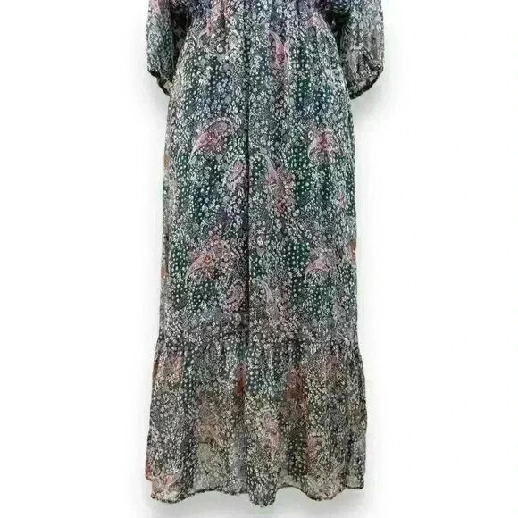 Ellison Green Floral Paisley Chiffon Midi Dress 3/4 Sleeves V-Neck Size Small - Picture 5 of 8